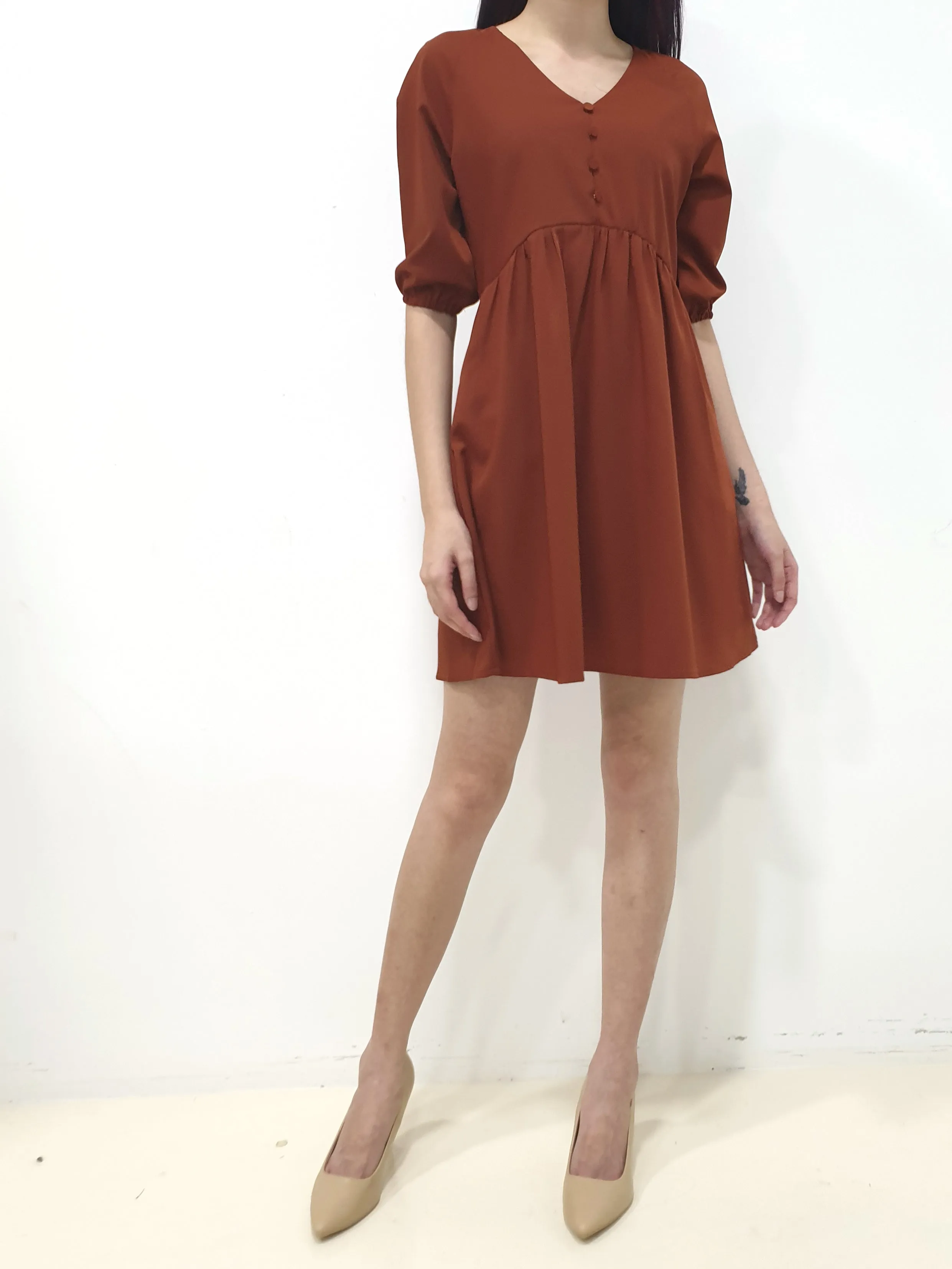 Button Babydoll Dress - Brick