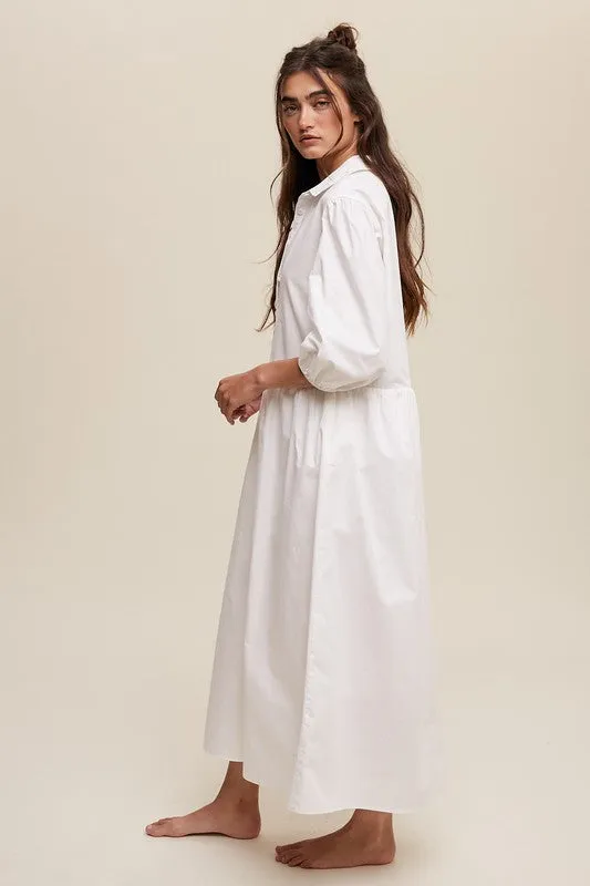 Button Front Puff Sleeve Babydoll Maxi Dress