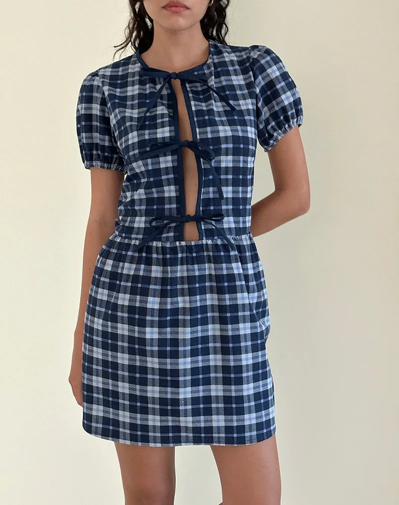 Byan Tie Front Dress in Tartan Dark Blue