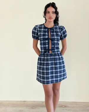 Byan Tie Front Dress in Tartan Dark Blue