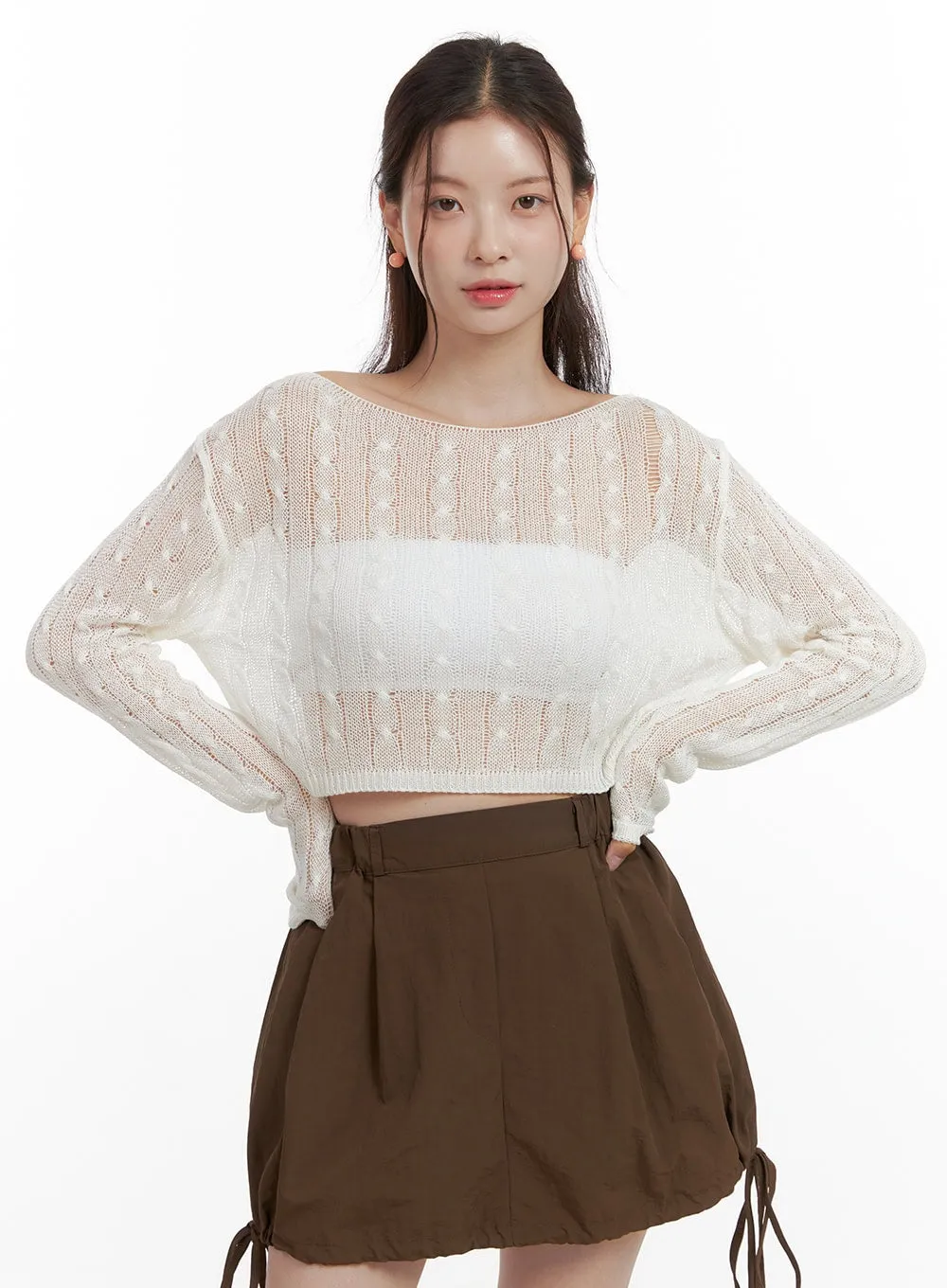 Cable Knit Sheer Crop Sweater OL417