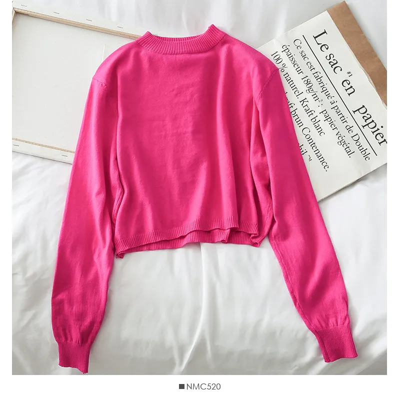 Candy color crew neck Pullover Sweater solid color versatile  1761