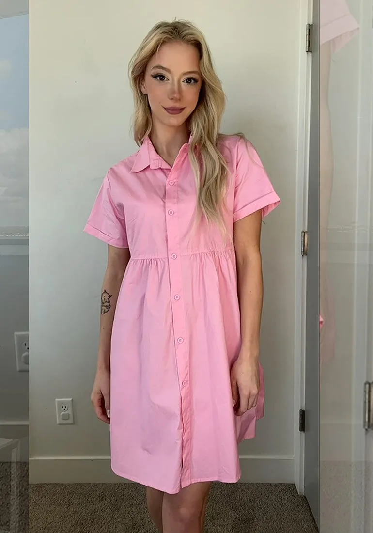 Candy Pink Women's Short Sleeve Button Down Babydoll Dress A-Line Tunic Dress