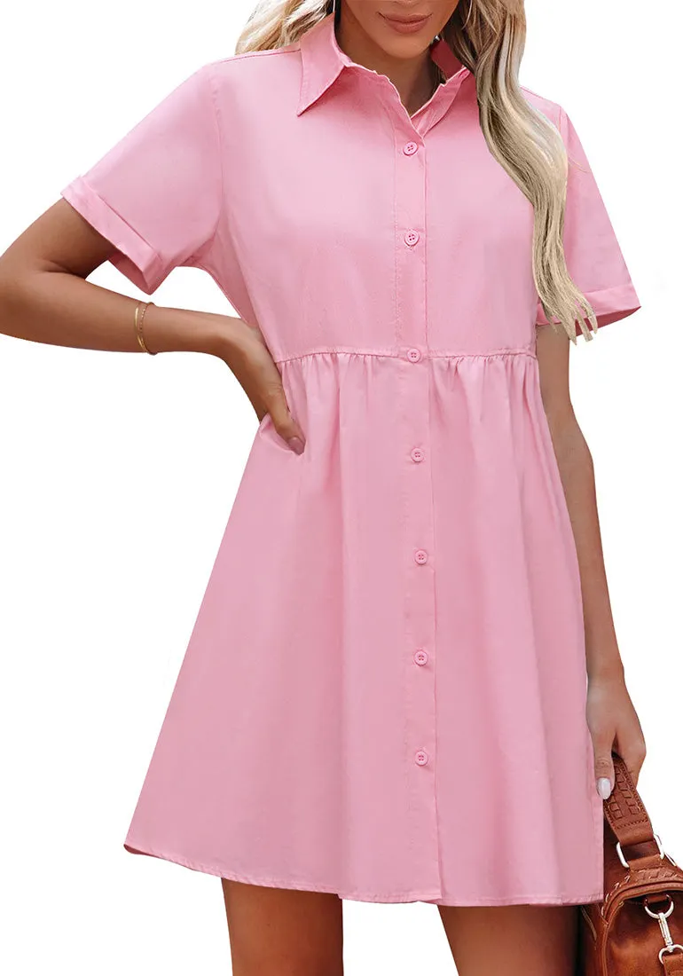 Candy Pink Women's Short Sleeve Button Down Babydoll Dress A-Line Tunic Dress