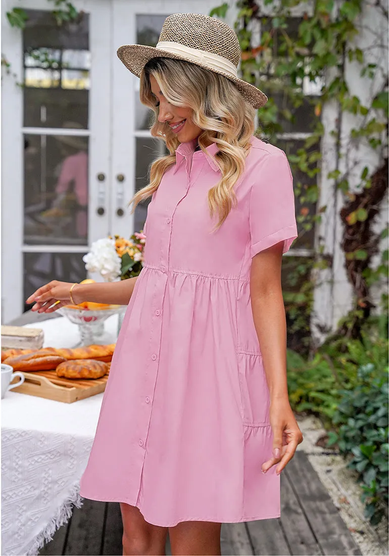 Candy Pink Women's Short Sleeve Button Down Babydoll Dress A-Line Tunic Dress