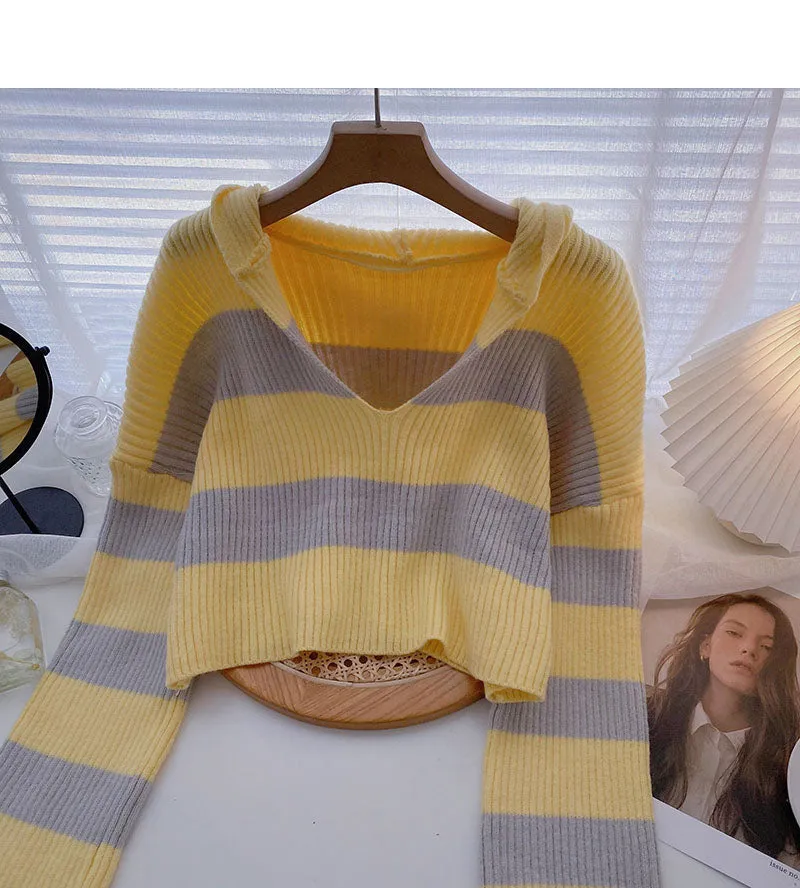 Casual Short striped sweater hooded Pullover Top  6461