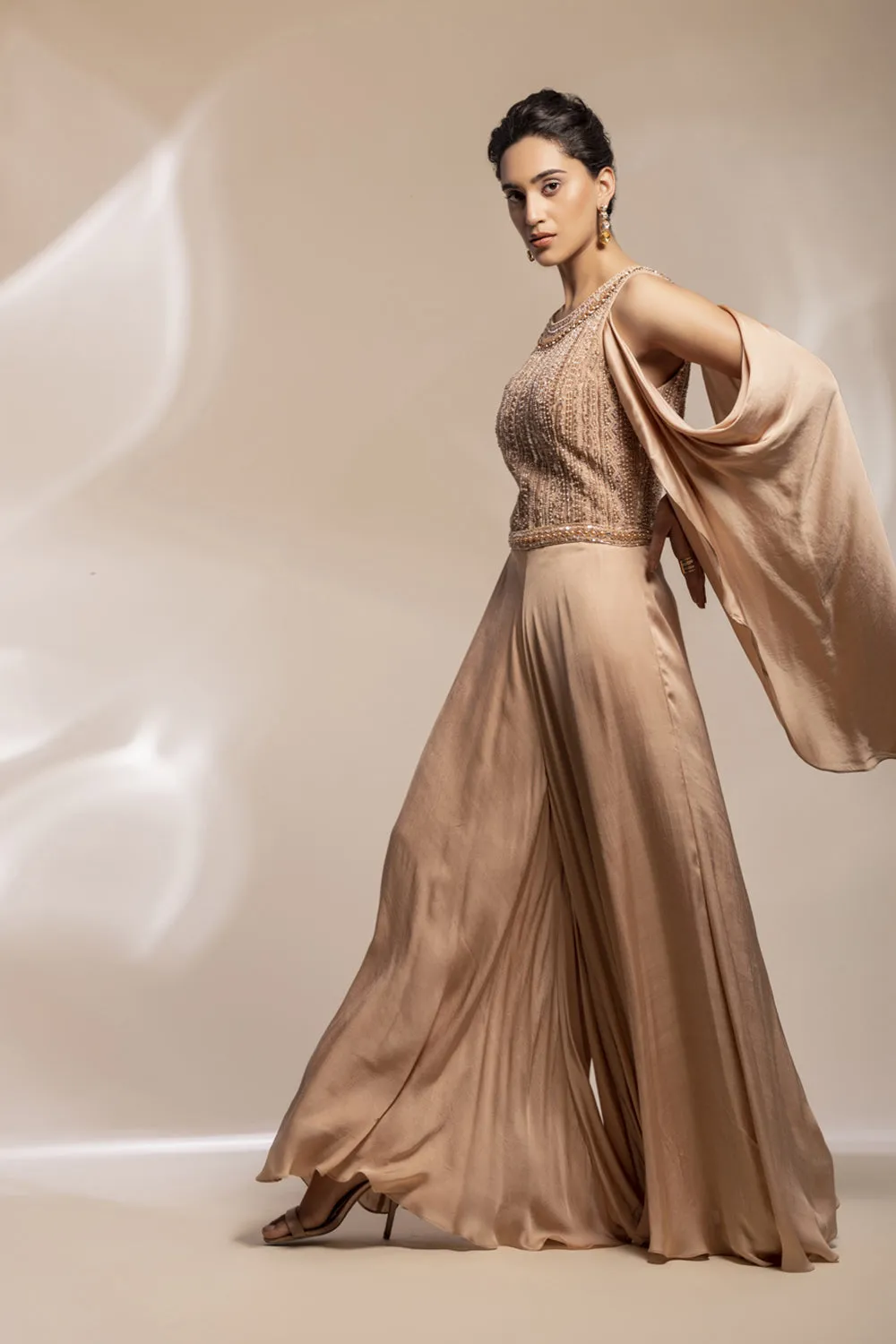 Champaign Gold Jumpsuit With Embroidered Bodice And Draped Sleeves.