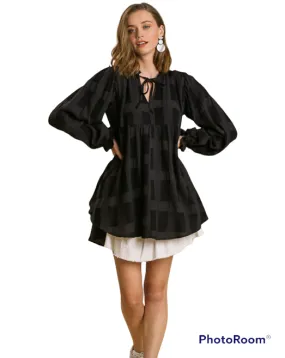 Chenille Split Neck Tie Front Long Sleeve Babydoll Dress IN BLACK