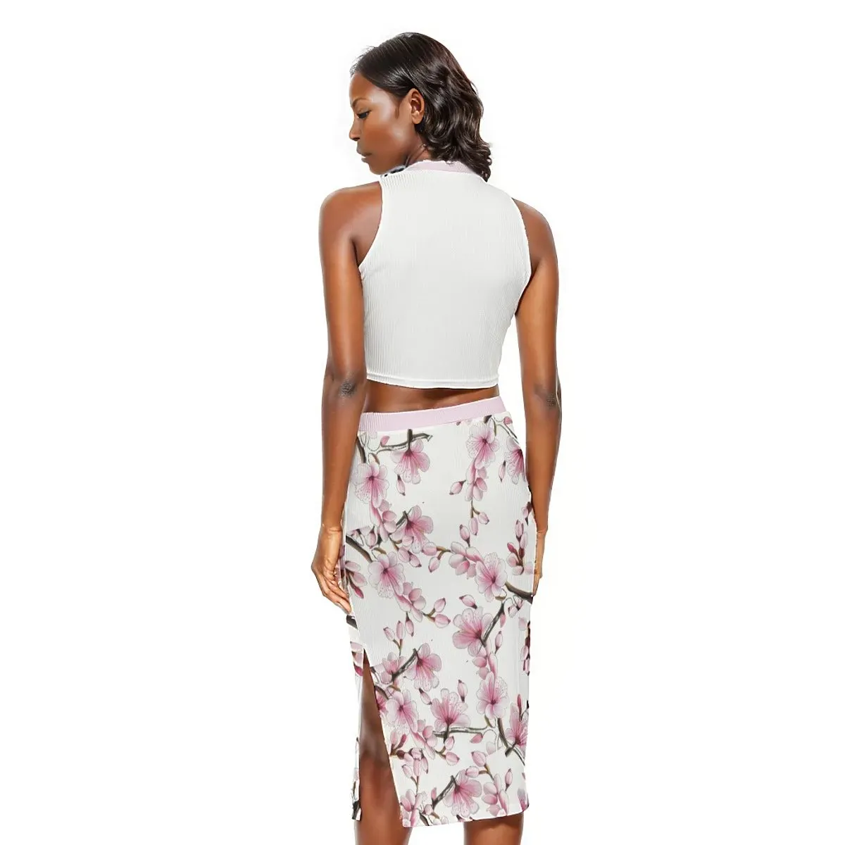 Cherry Blossom Solid Color Tank Top & Split High Women's Skirt Sets