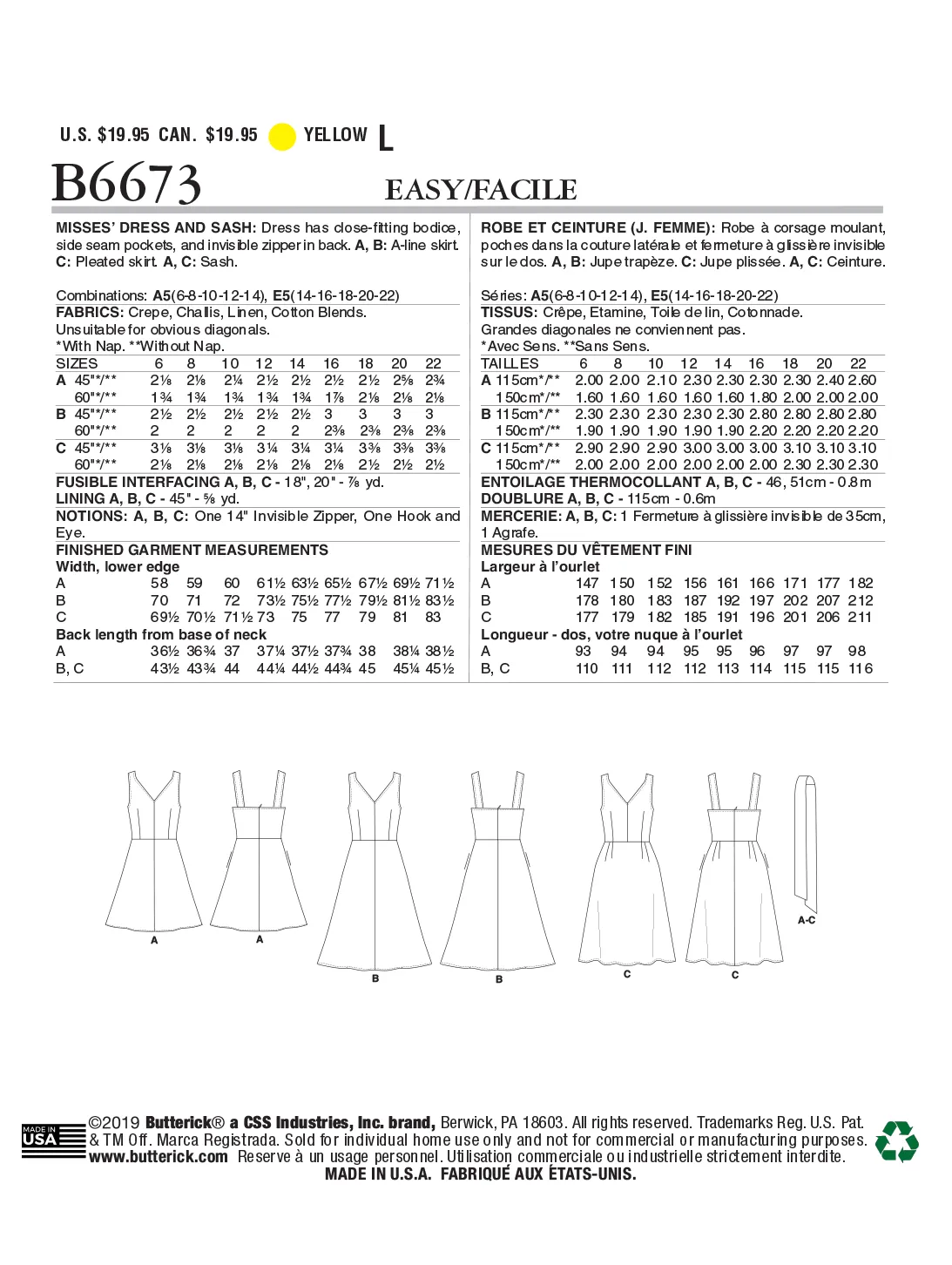 CLEARANCE • BUTTERICK PATTERN MISSES' DRESS AND SASH 6673