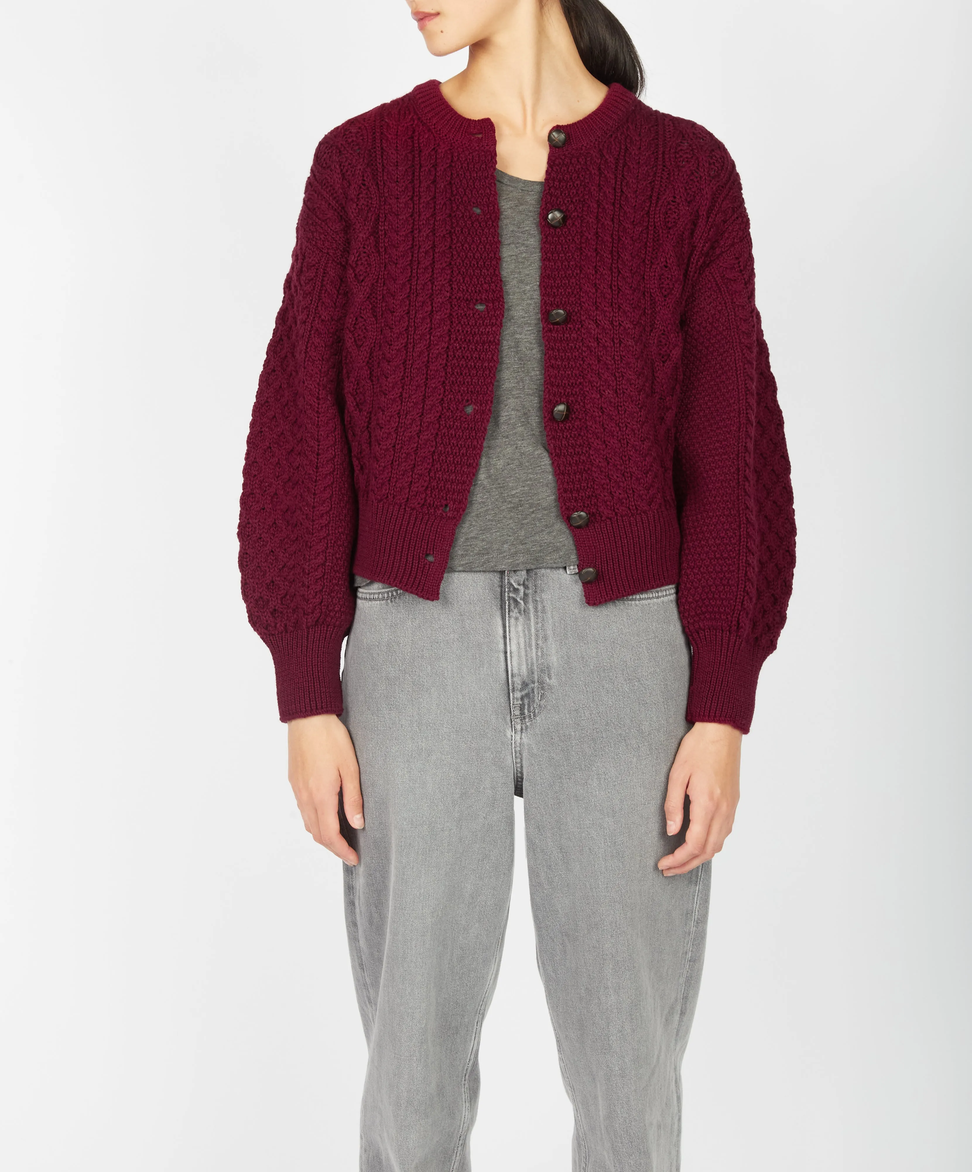 Clover Cropped Aran Cardigan Claret