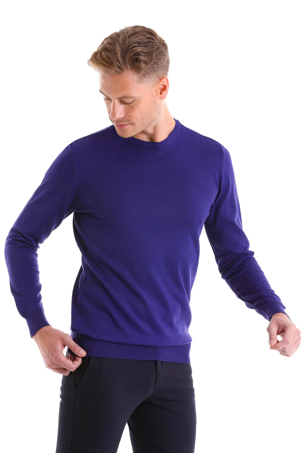 Comfort Fit Wool Blend Sax Blue Crewneck Sweater