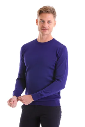 Comfort Fit Wool Blend Sax Blue Crewneck Sweater