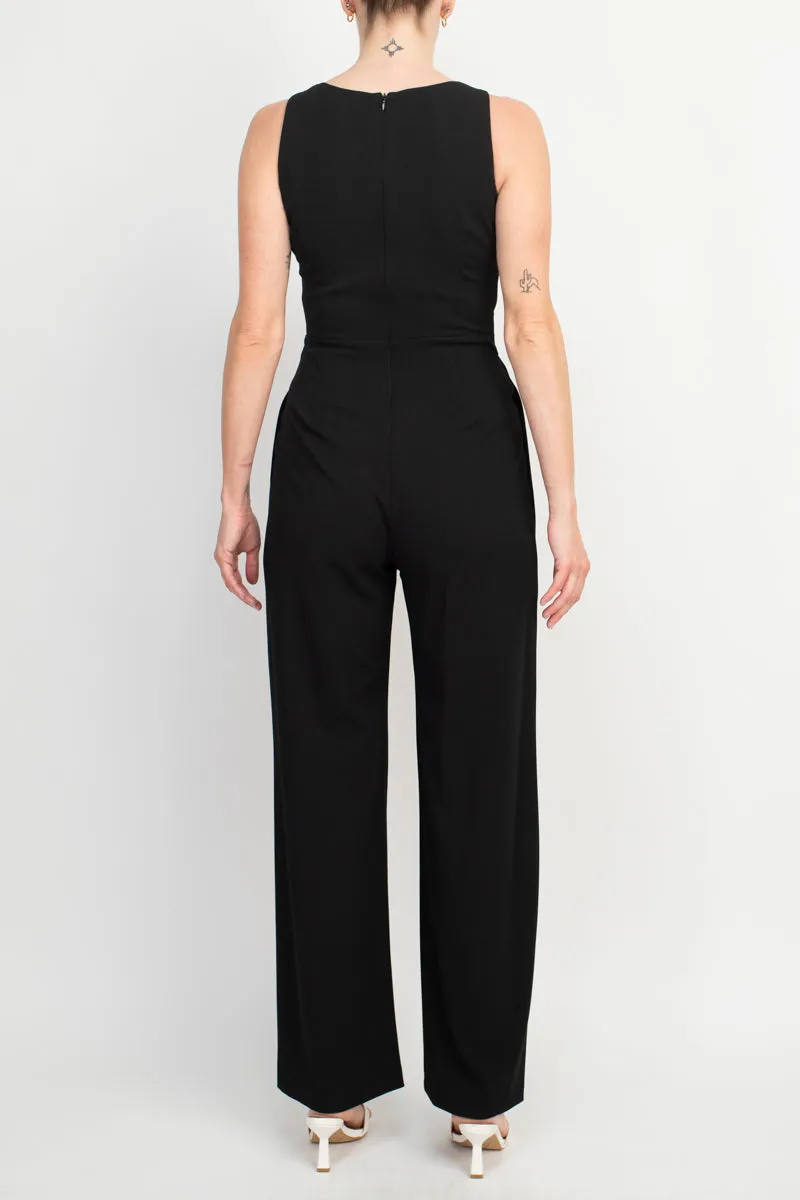 Connected Apparel Scoop Neck Crepe Knit Split Leg with Two Pockets Jumpsuit