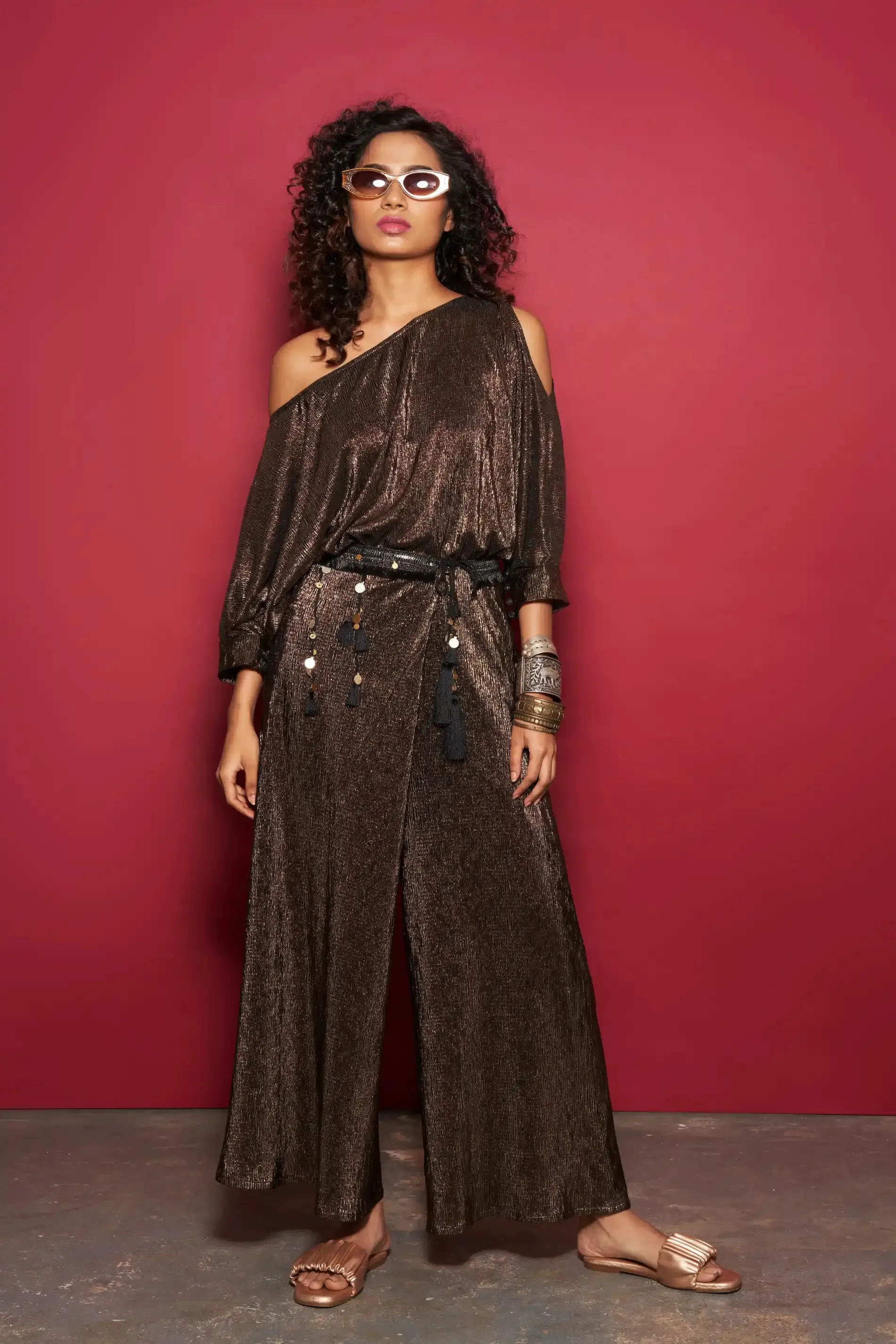 Copper Metallic Off-Shoulder Jumpsuit