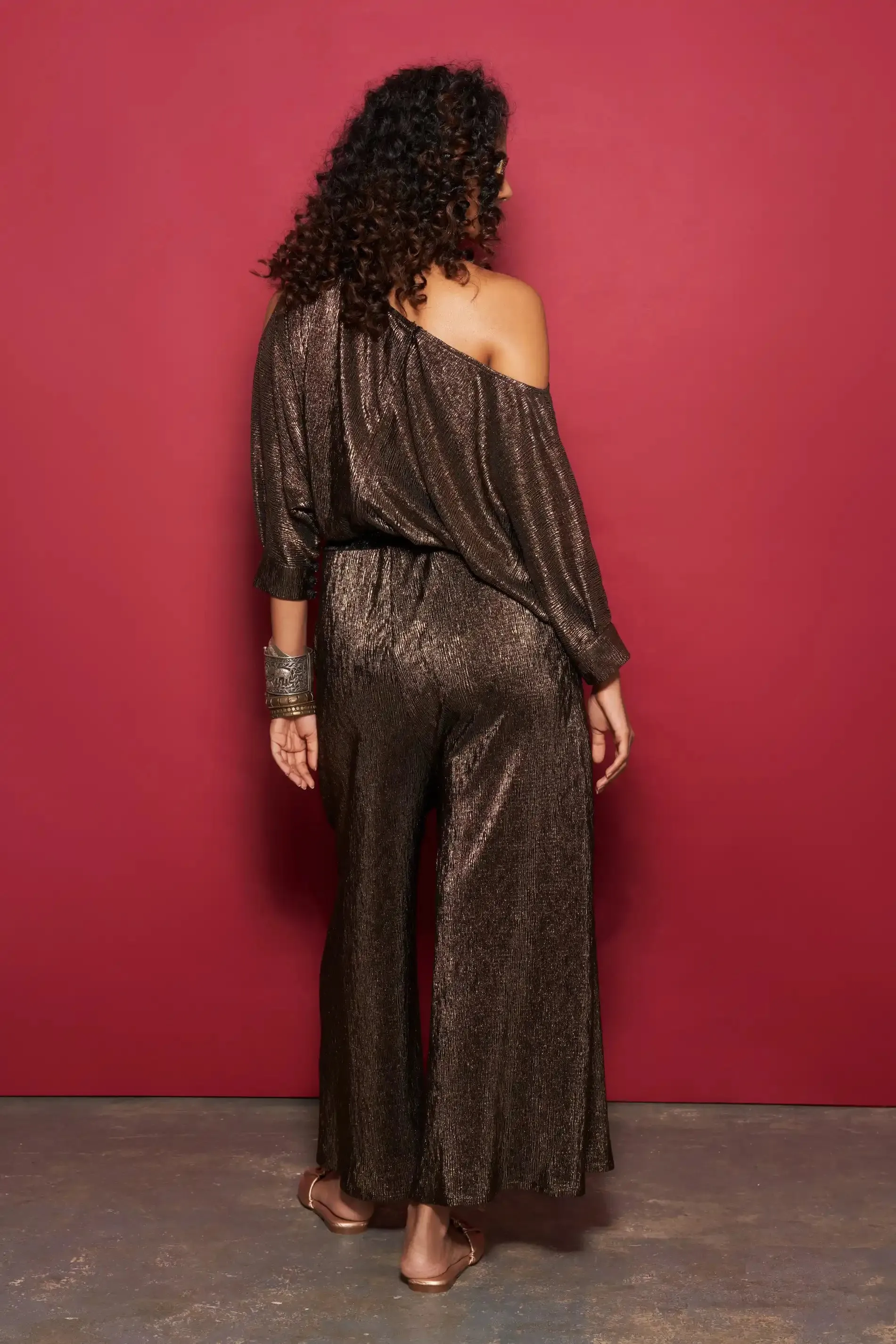 Copper Metallic Off-Shoulder Jumpsuit