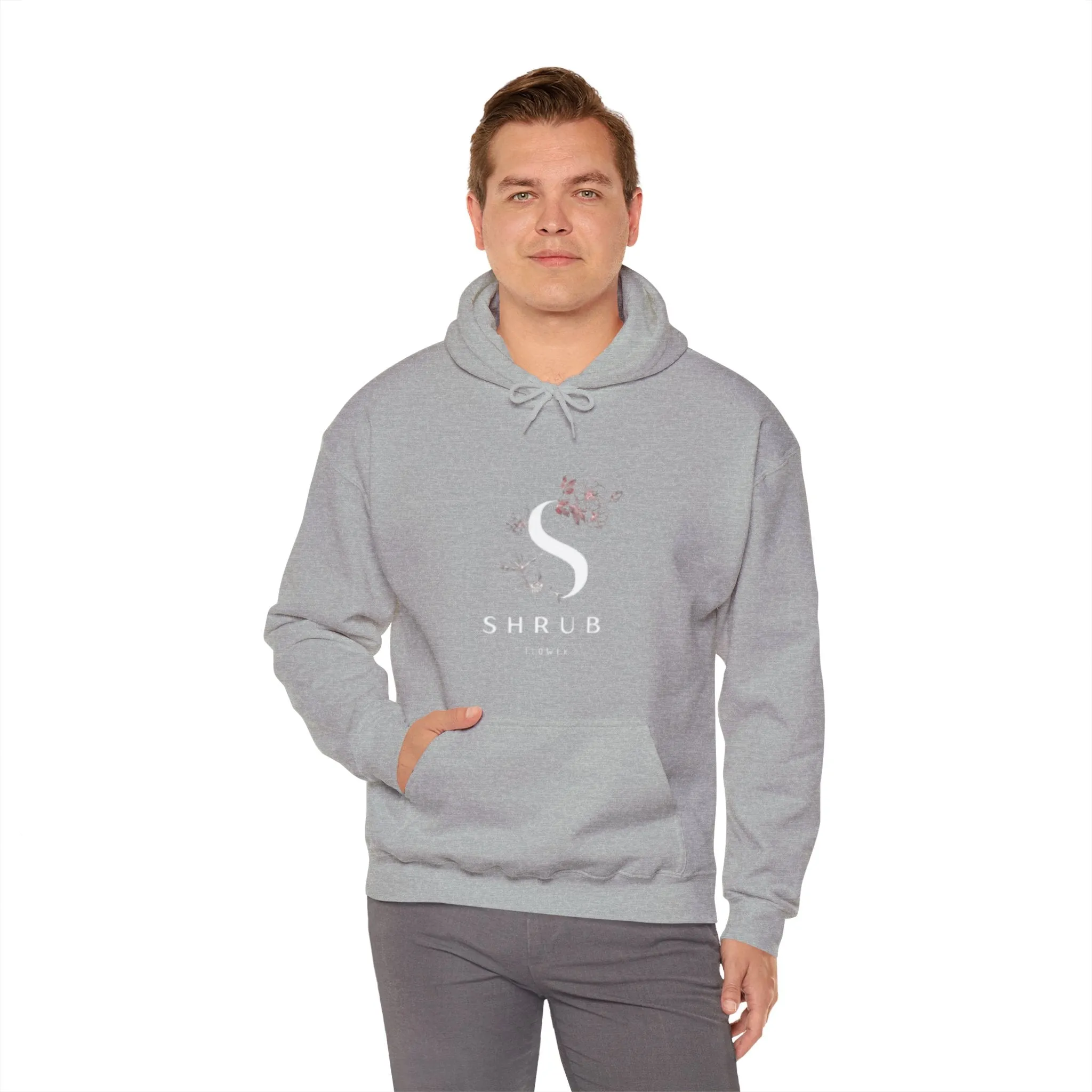 Cozy Grey Hooded Sweatshirt with Floral SHRUB Design