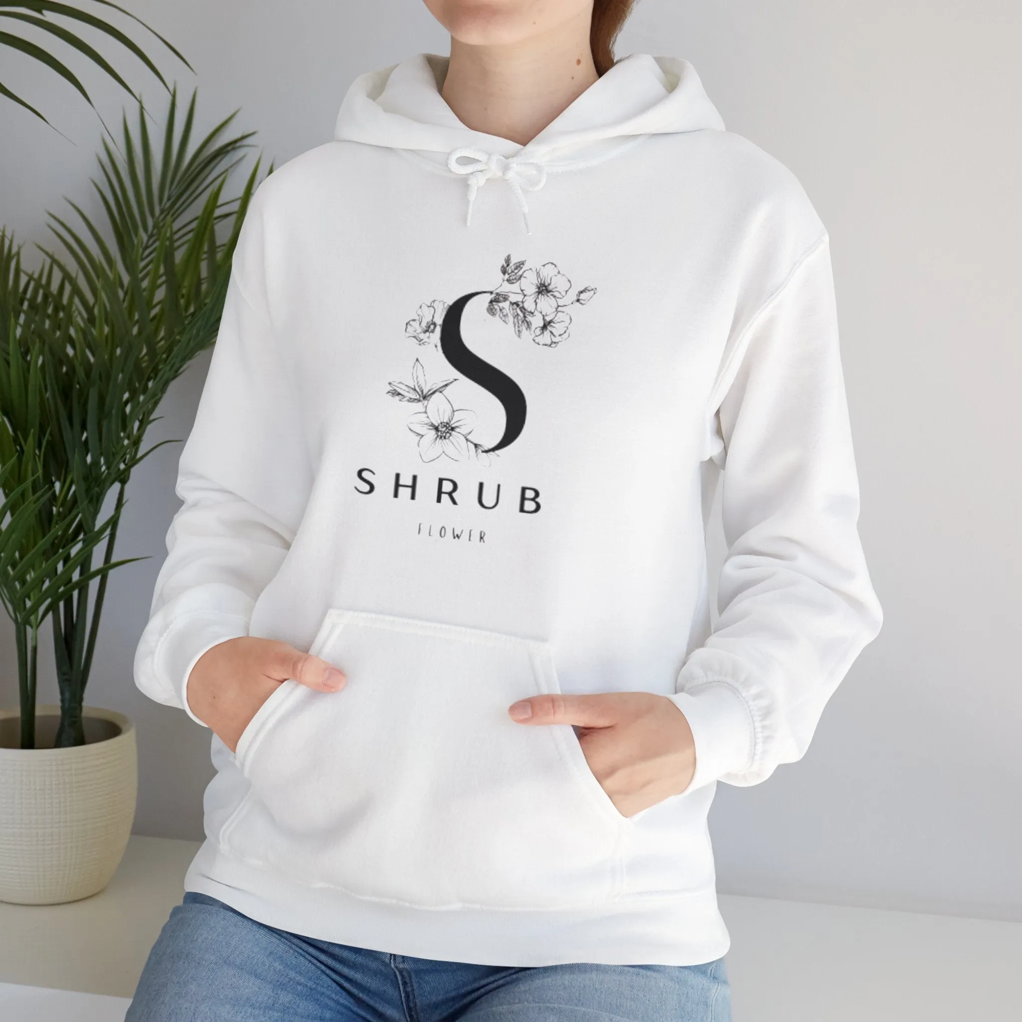 Cozy Grey Hooded Sweatshirt with Floral SHRUB Design