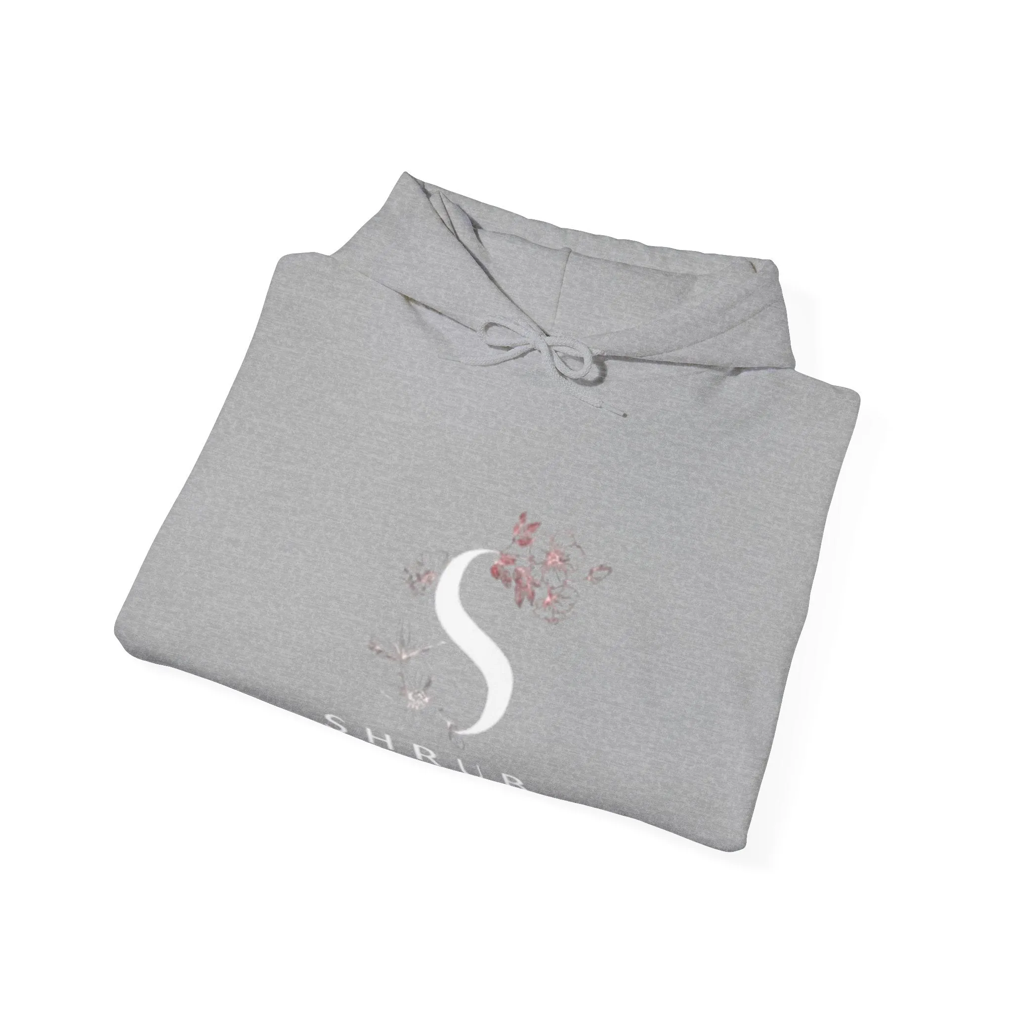 Cozy Grey Hooded Sweatshirt with Floral SHRUB Design