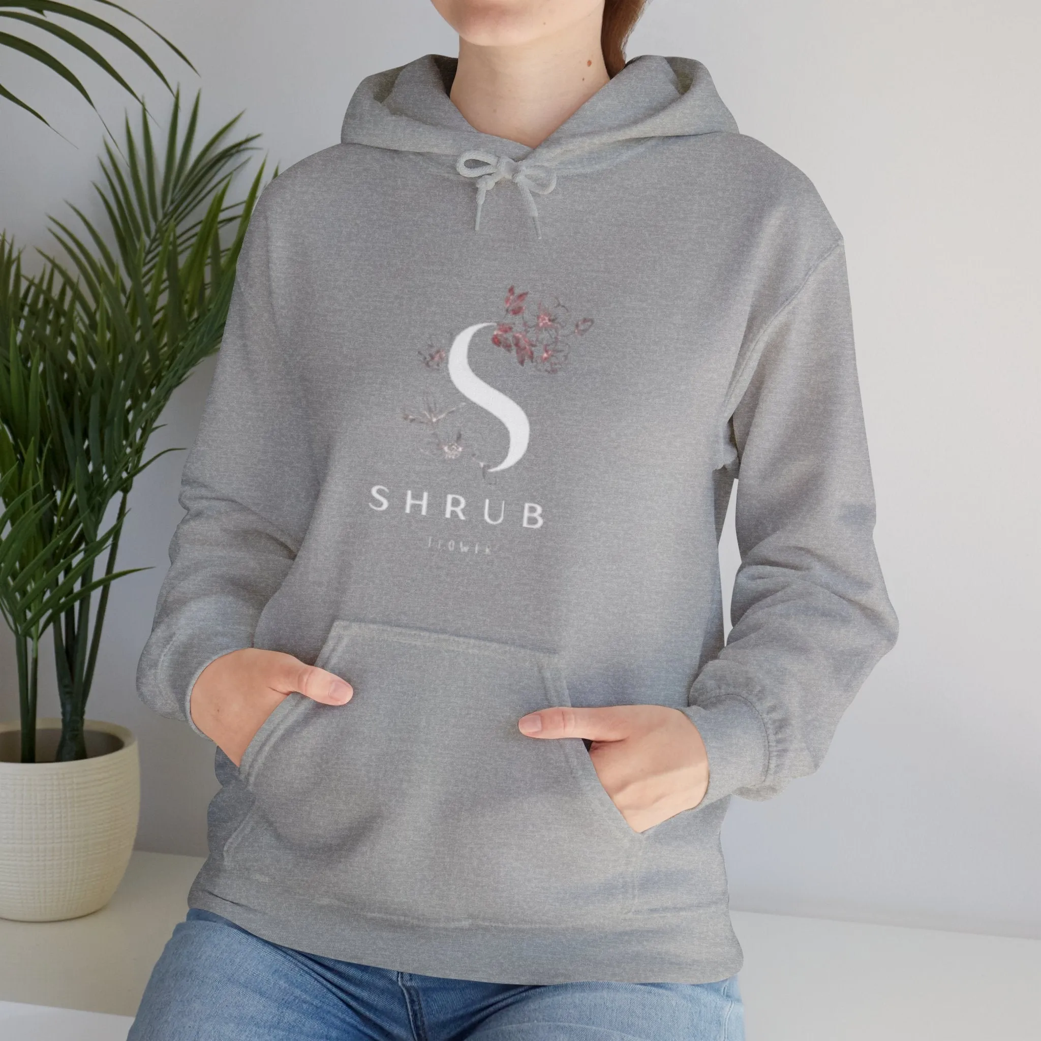 Cozy Grey Hooded Sweatshirt with Floral SHRUB Design