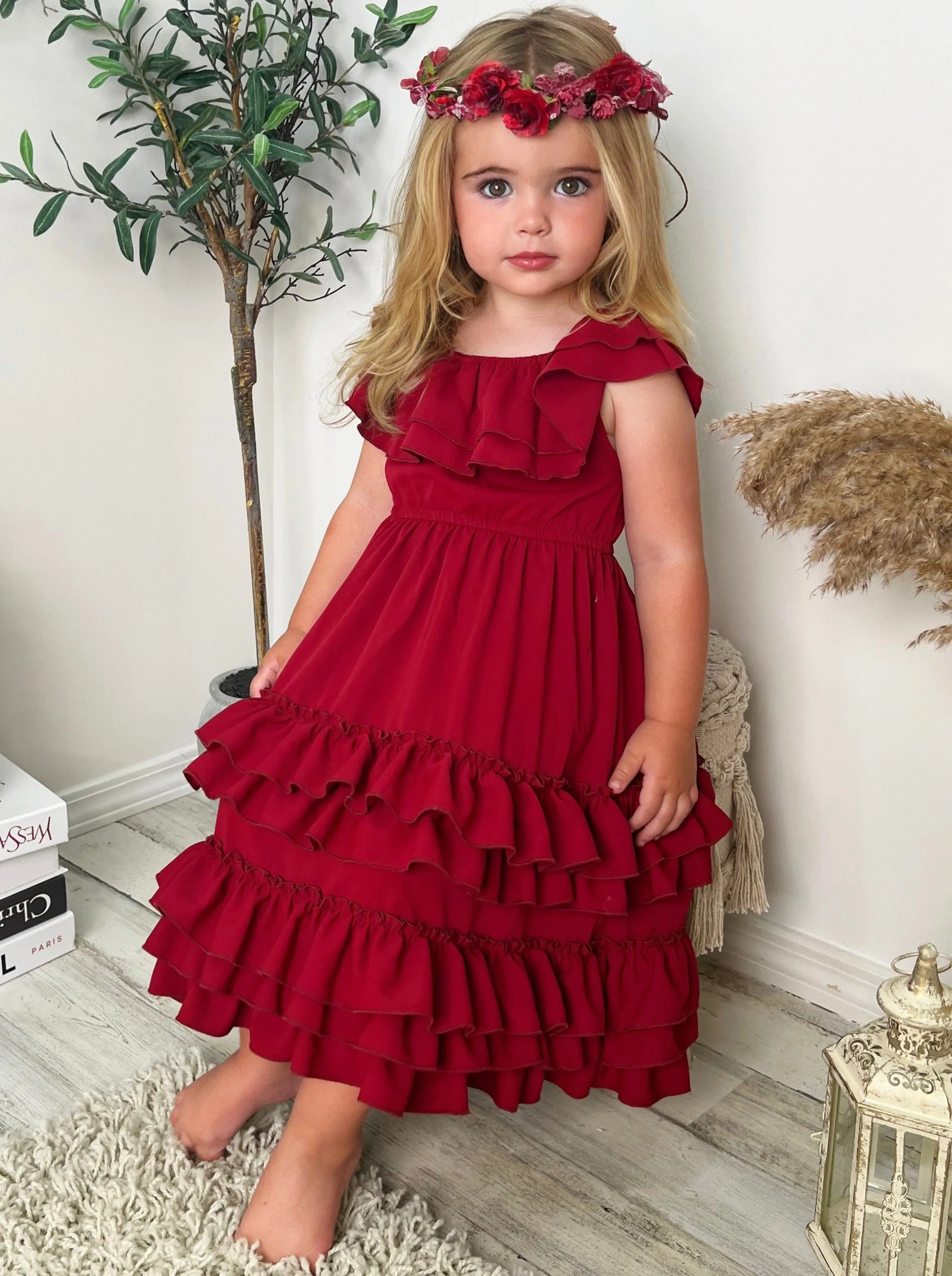 Crisp Cranberry Tiered Ruffle Midi Dress