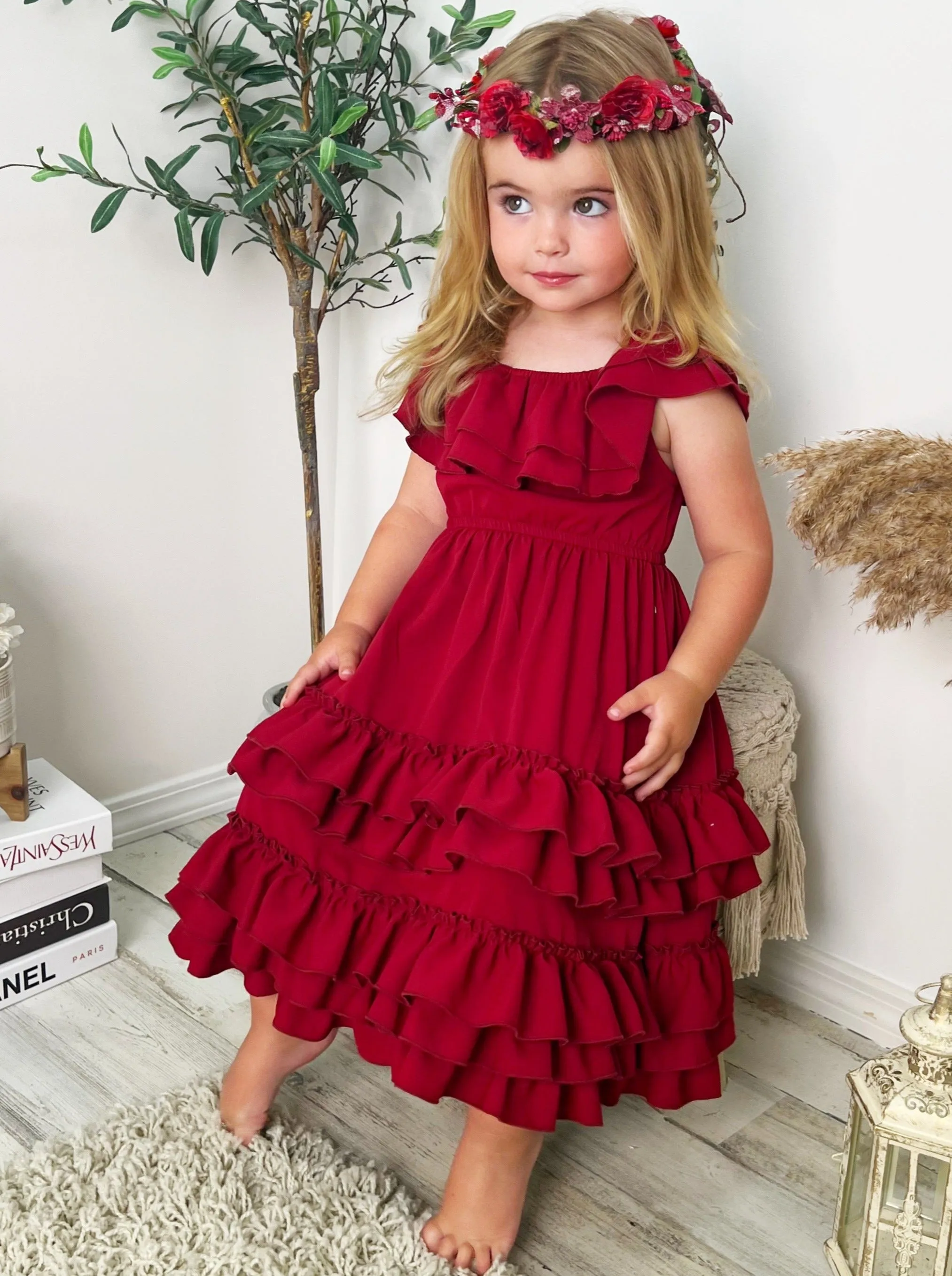 Crisp Cranberry Tiered Ruffle Midi Dress