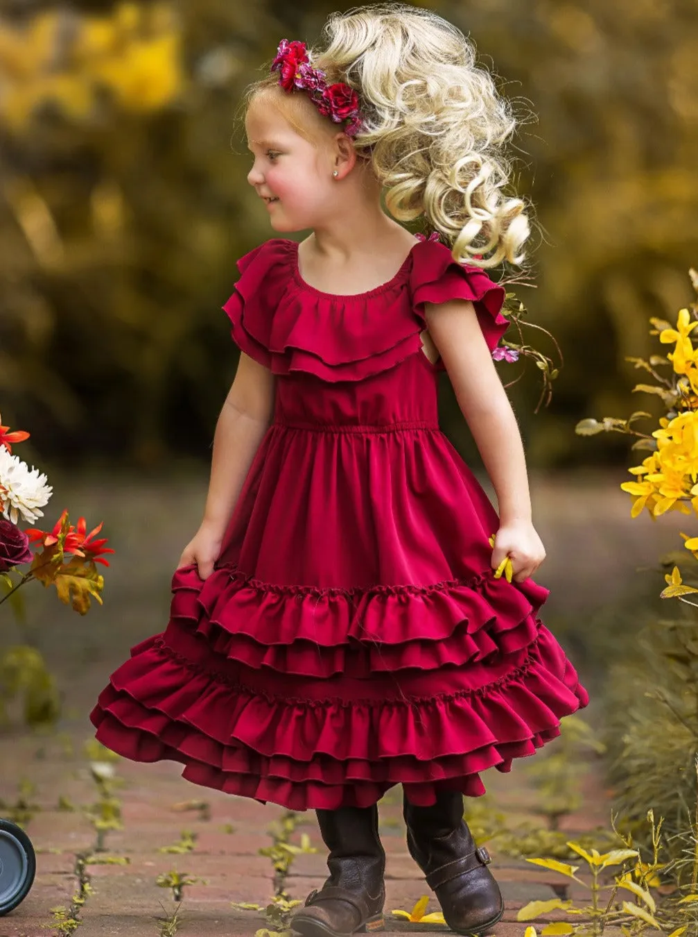 Crisp Cranberry Tiered Ruffle Midi Dress