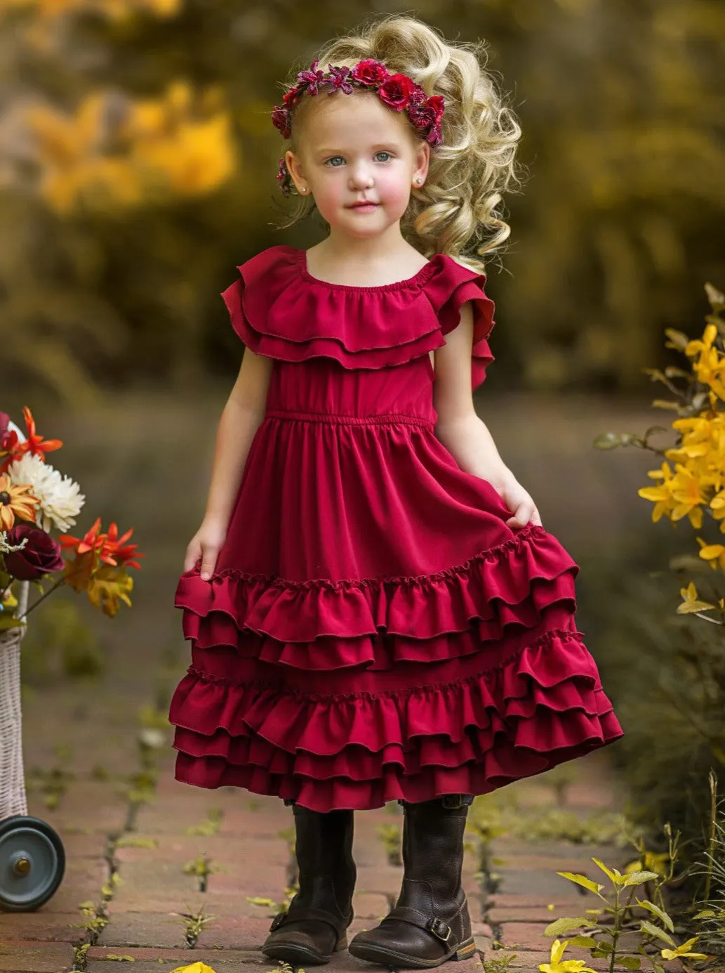 Crisp Cranberry Tiered Ruffle Midi Dress