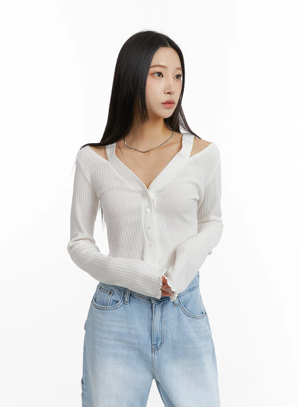 Cut Out Buttoned Long Sleeve Crop Top CJ408