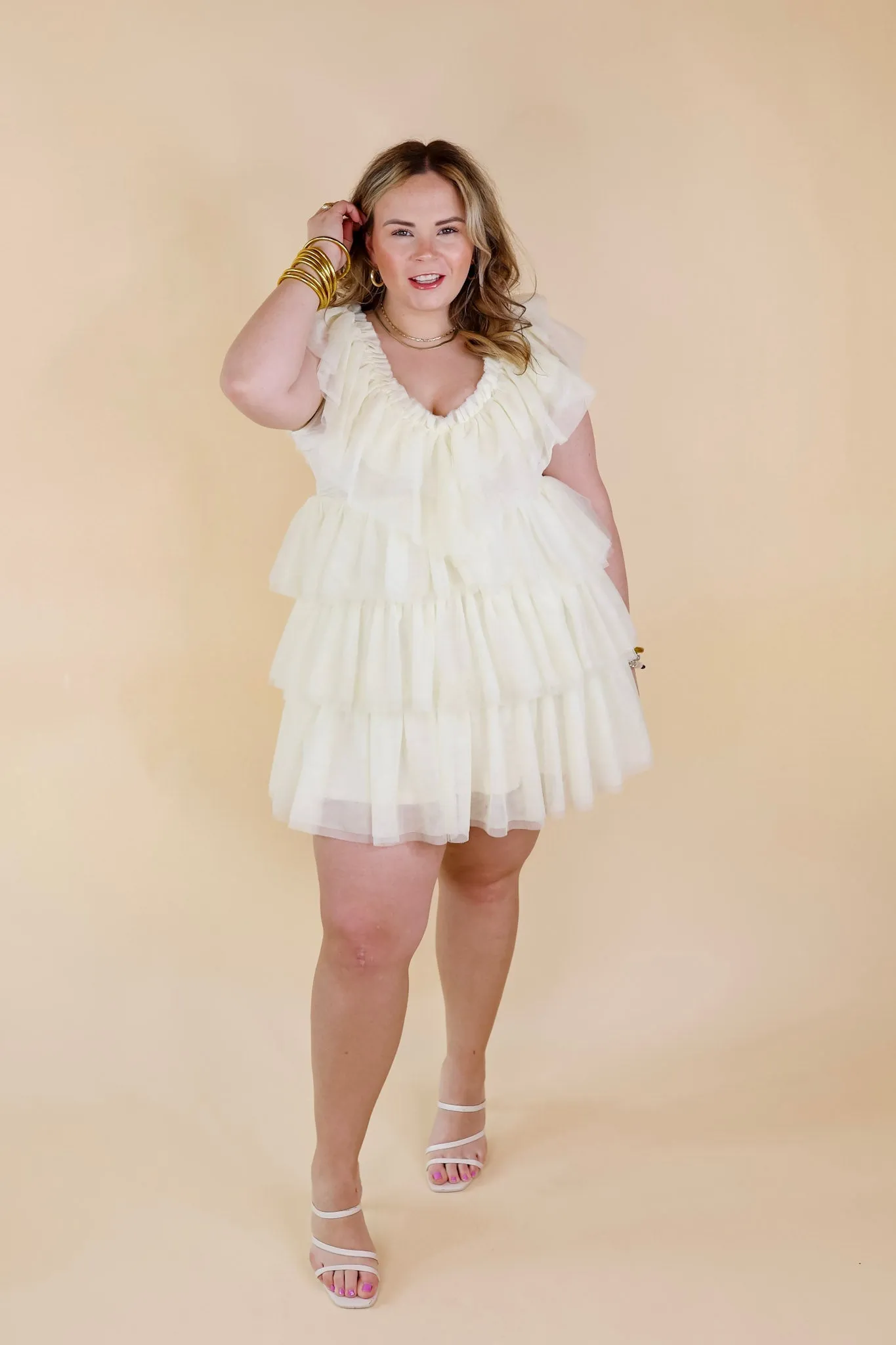 Dazzle The Room Tulle Tiered Dress in Ivory