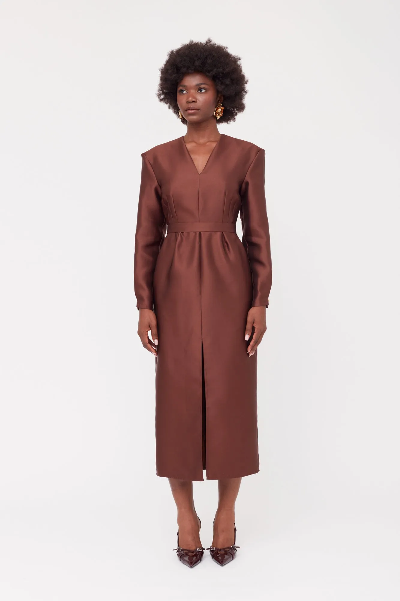 DEMA Brown Shoulder Pad Midi Smart Casual Dress