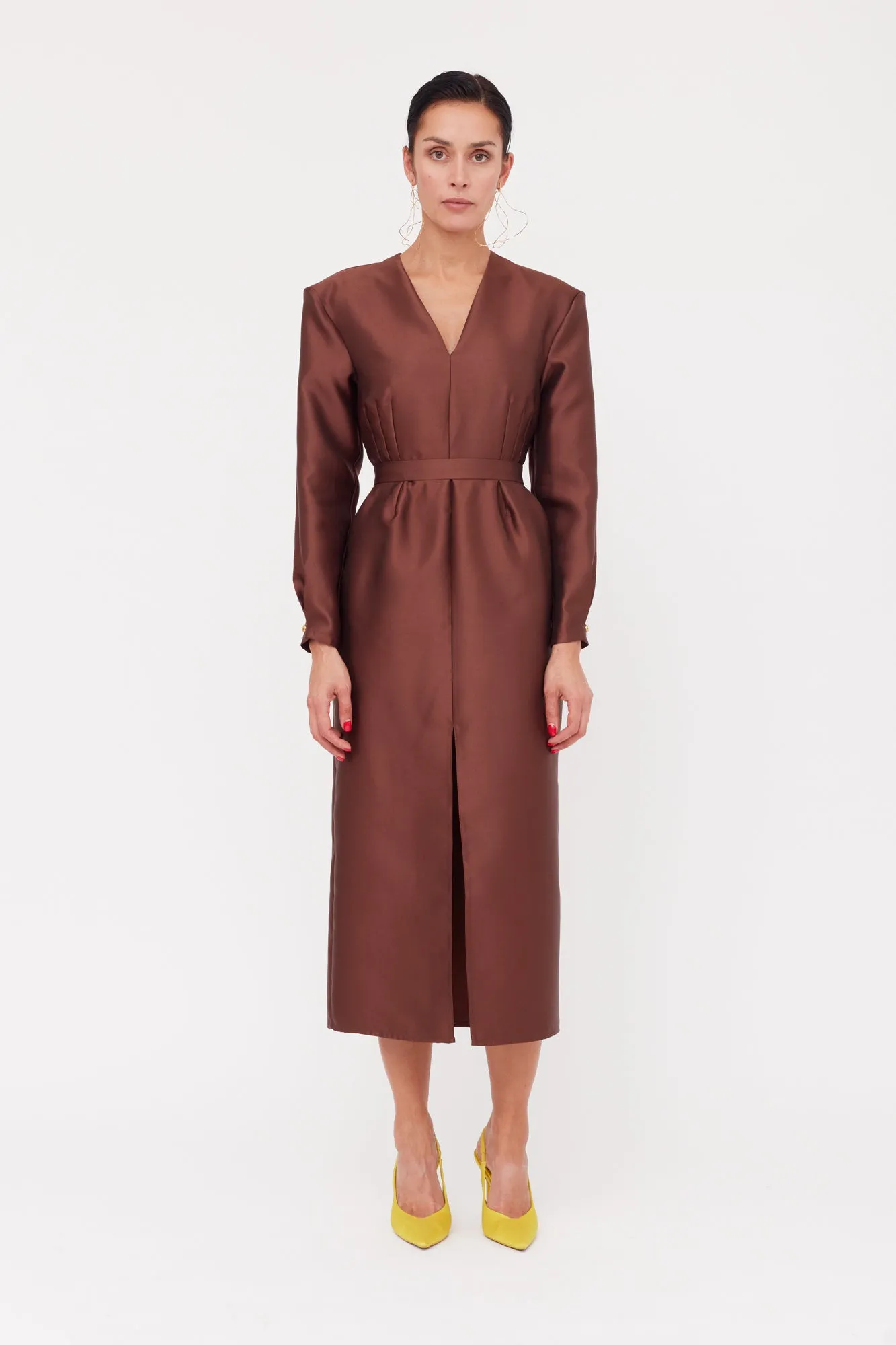 DEMA Brown Shoulder Pad Midi Smart Casual Dress