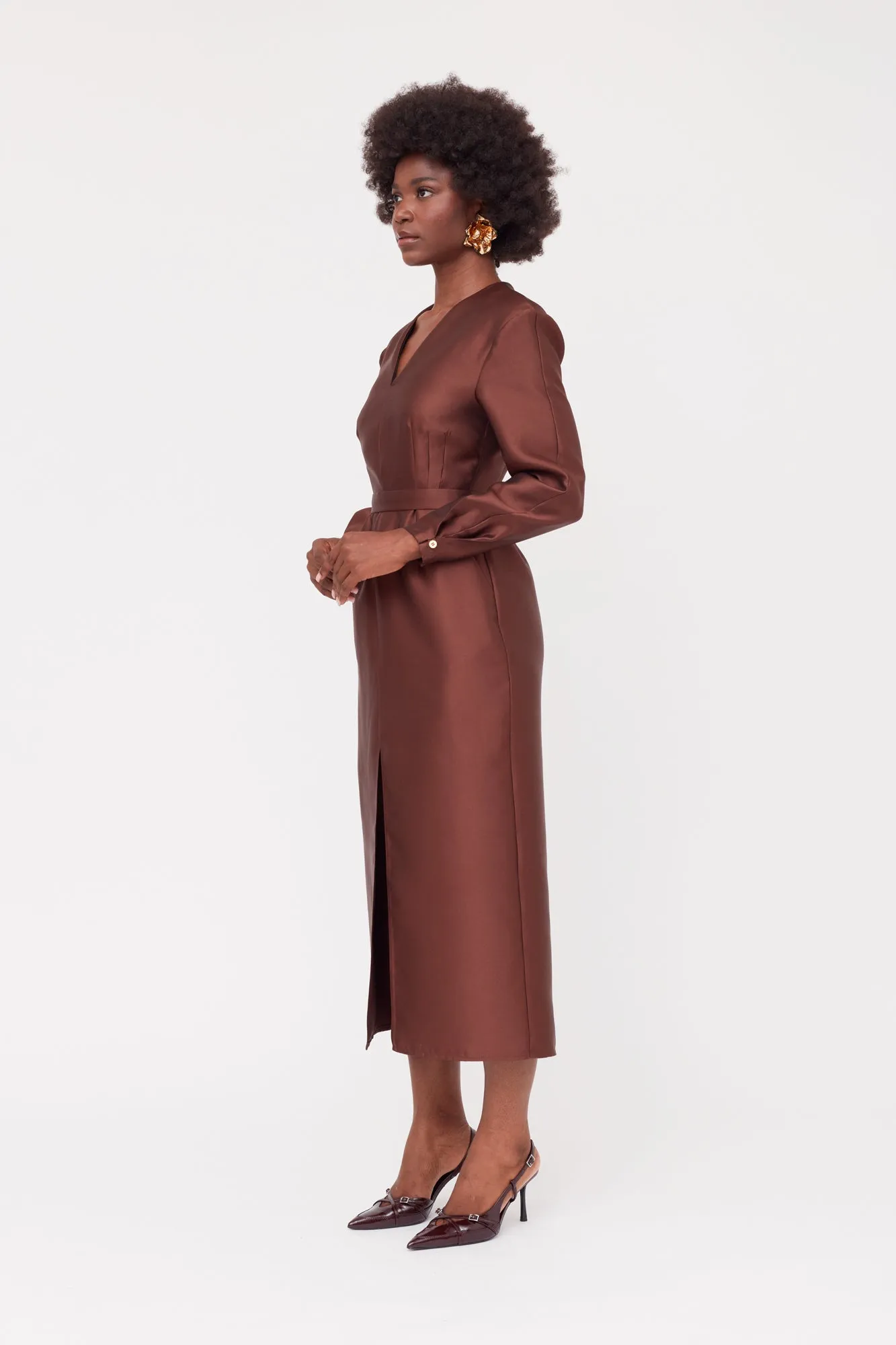 DEMA Brown Shoulder Pad Midi Smart Casual Dress