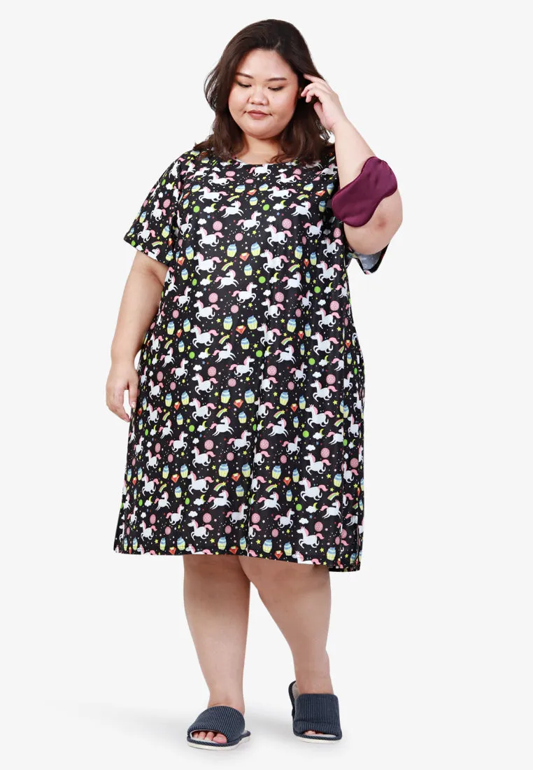 Divine Full Prints Unicorn Sleep Dress - Black