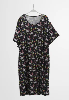 Divine Full Prints Unicorn Sleep Dress - Black