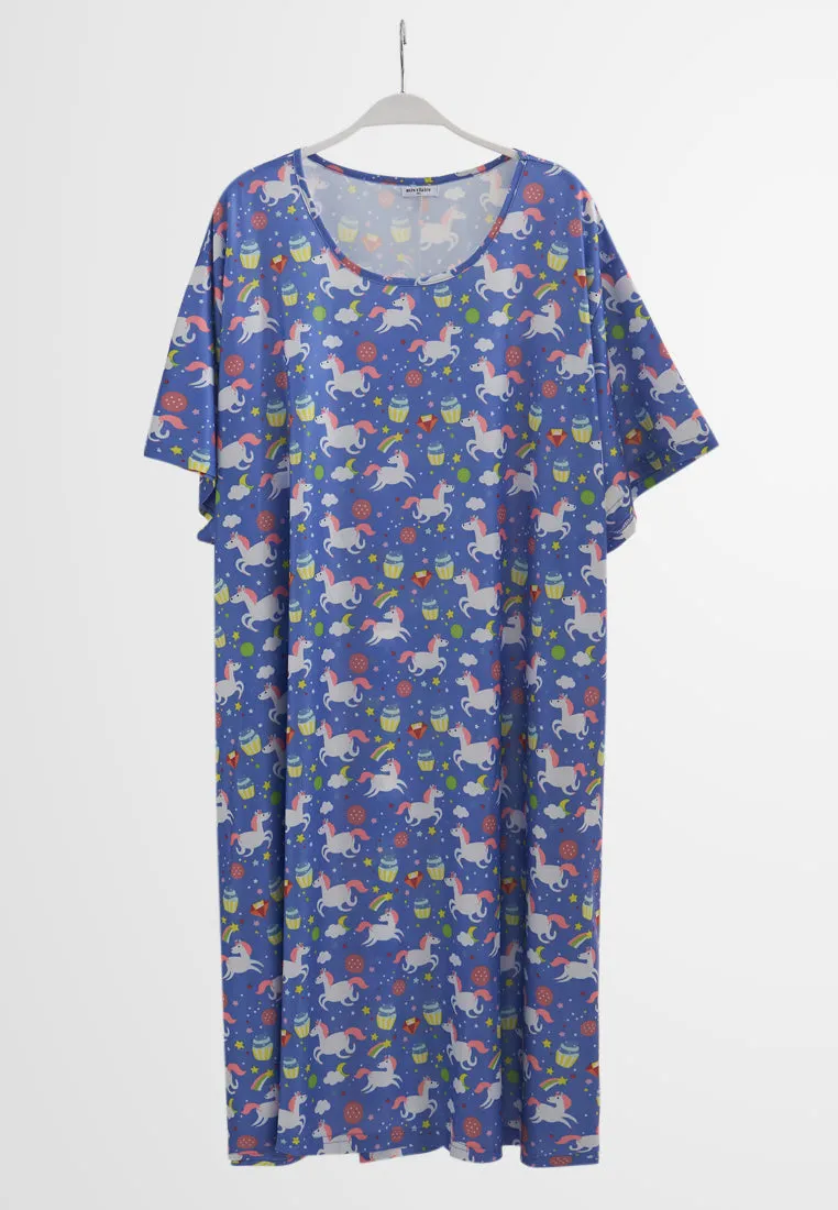 Divine Full Prints Unicorn Sleep Dress - Purple Blue