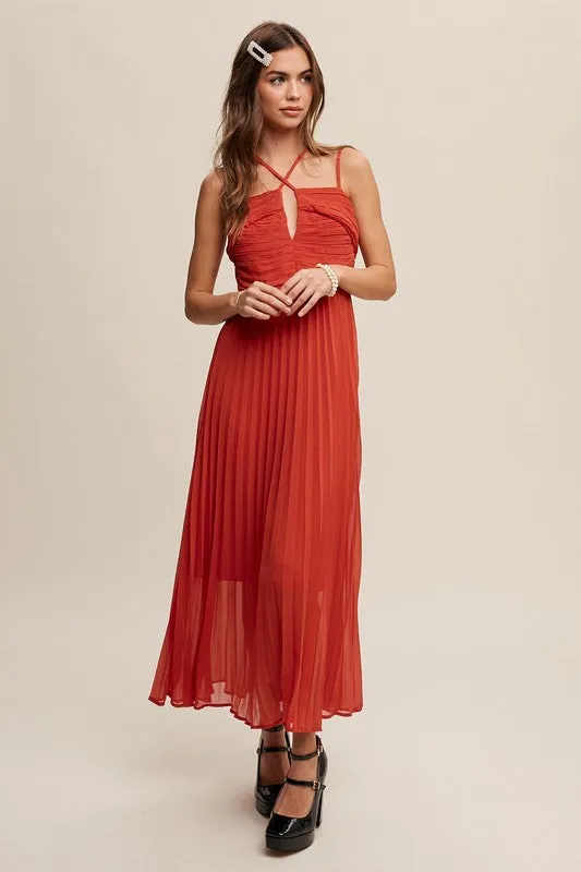 Double Strap, Pleated Dress - Red/Orange