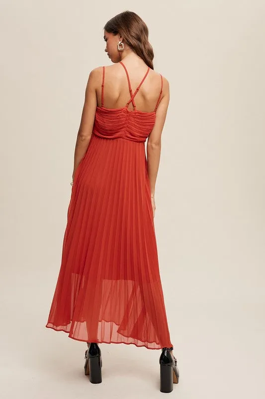 Double Strap, Pleated Dress - Red/Orange