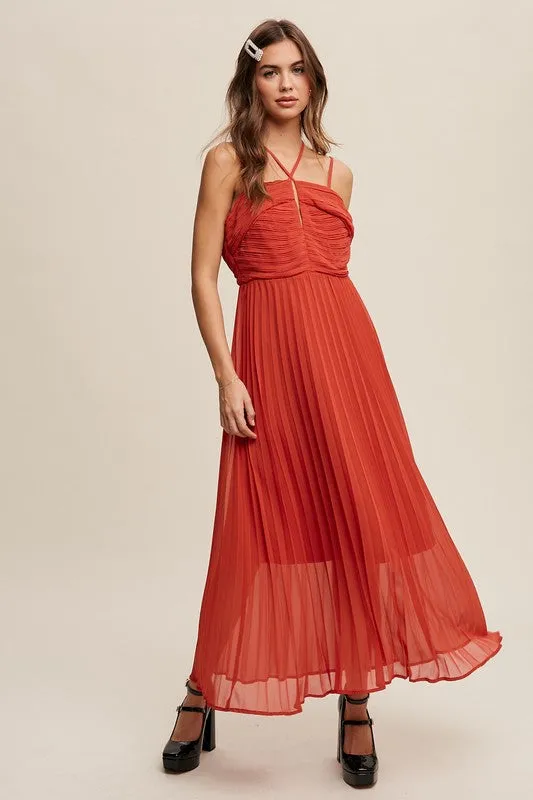 Double Strap, Pleated Dress - Red/Orange