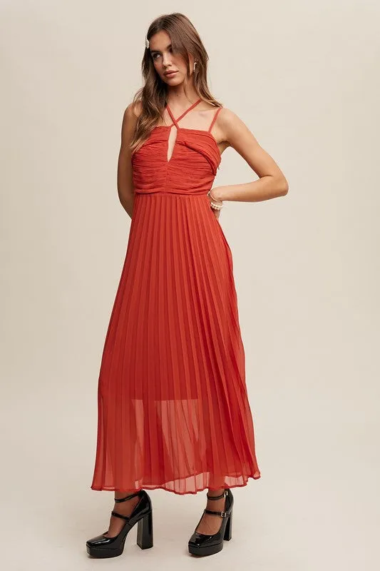 Double Strap, Pleated Dress - Red/Orange