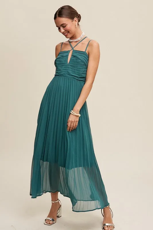 Double Strap, Pleated Dress - Sage