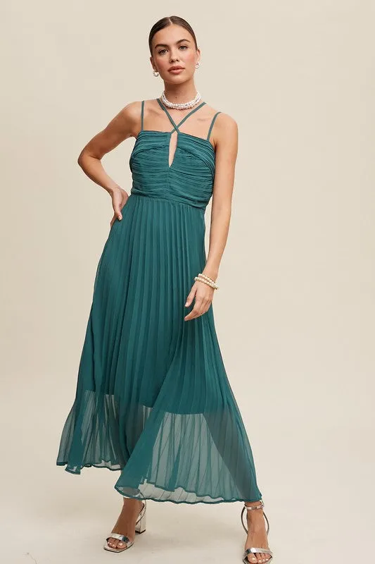 Double Strap, Pleated Dress - Sage