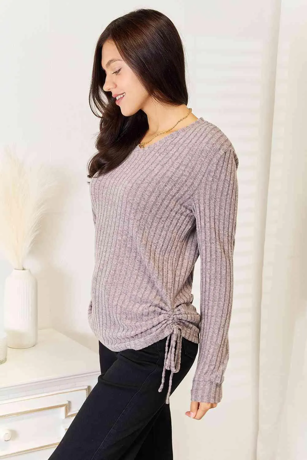 Drawstring Ribbed Long Sleeve T-Shirt