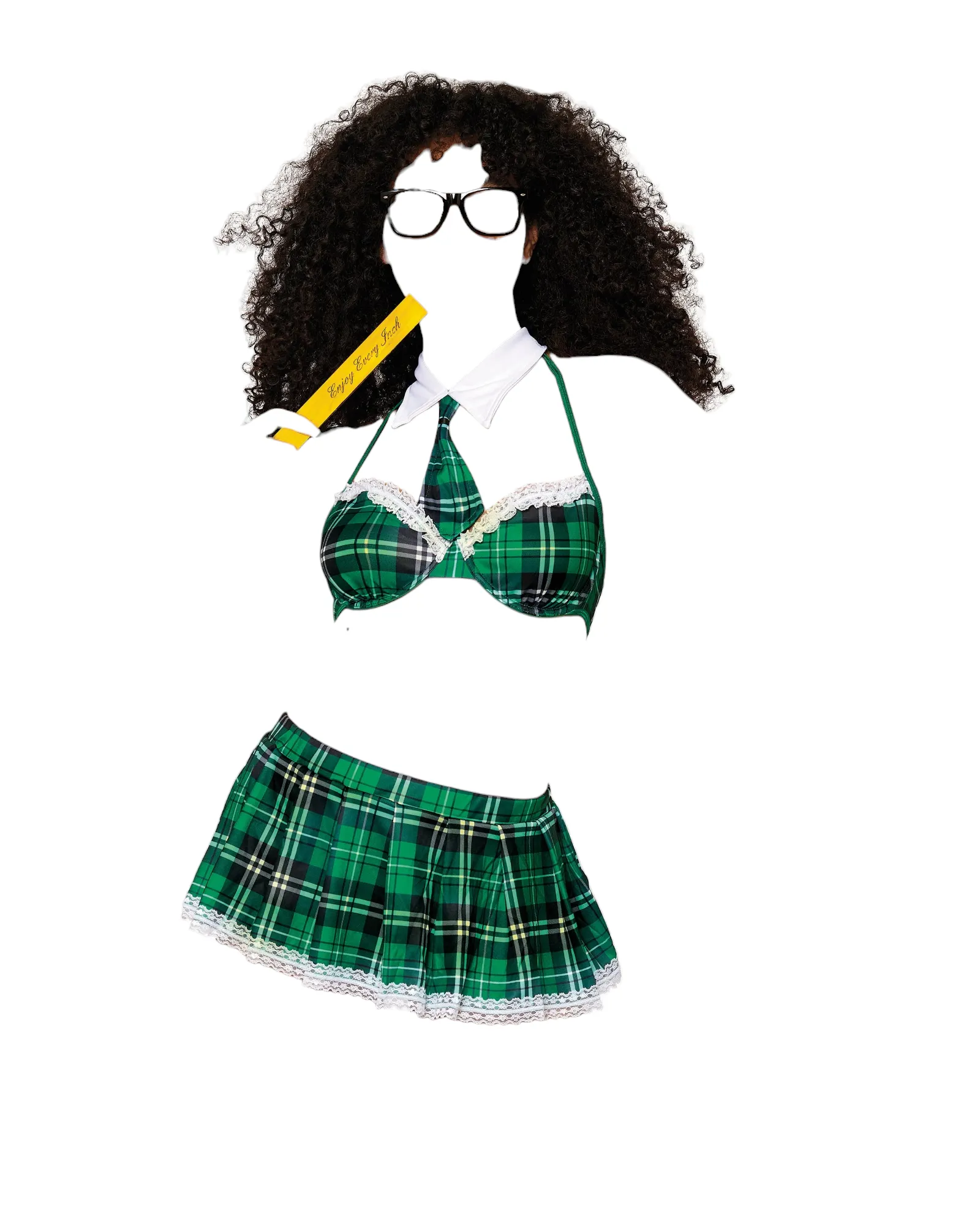 Dreamgirl Schoolgirl Halter Bra with Pleated Mini Skirt Bedroom Costume Green Plaid