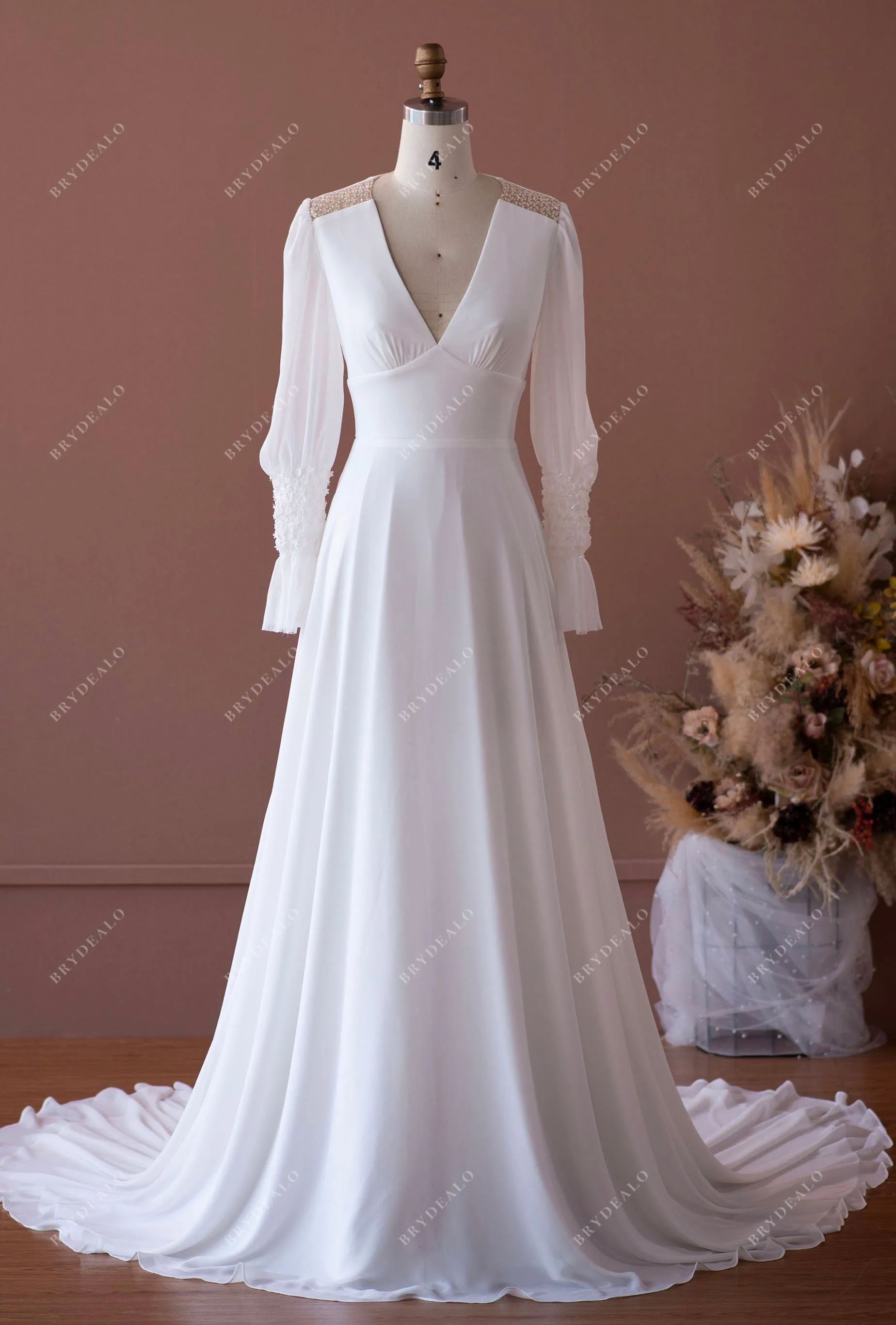 Elegant Designer Bubble Sleeve A-line Chiffon Wedding Dress