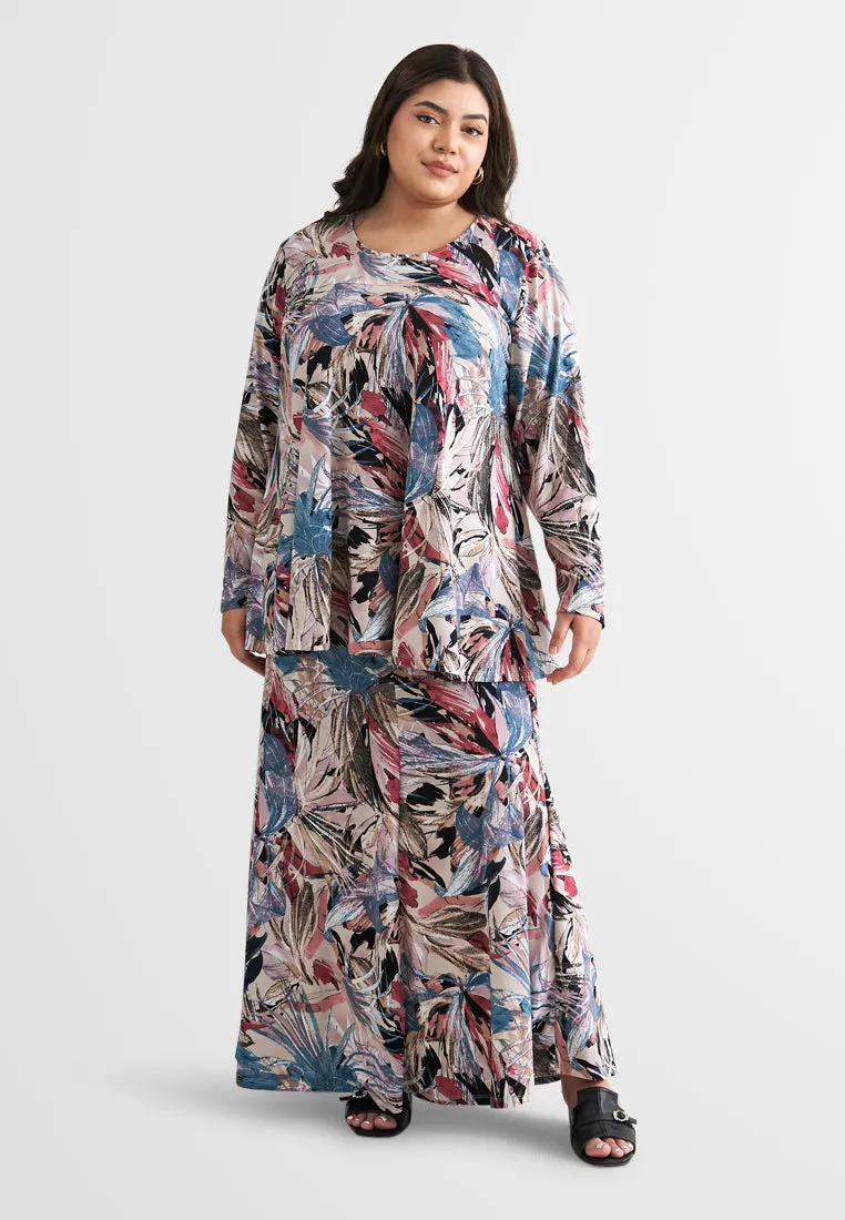 Emalina Full Stretch Flare Floral Kurung Set - Blue Mix