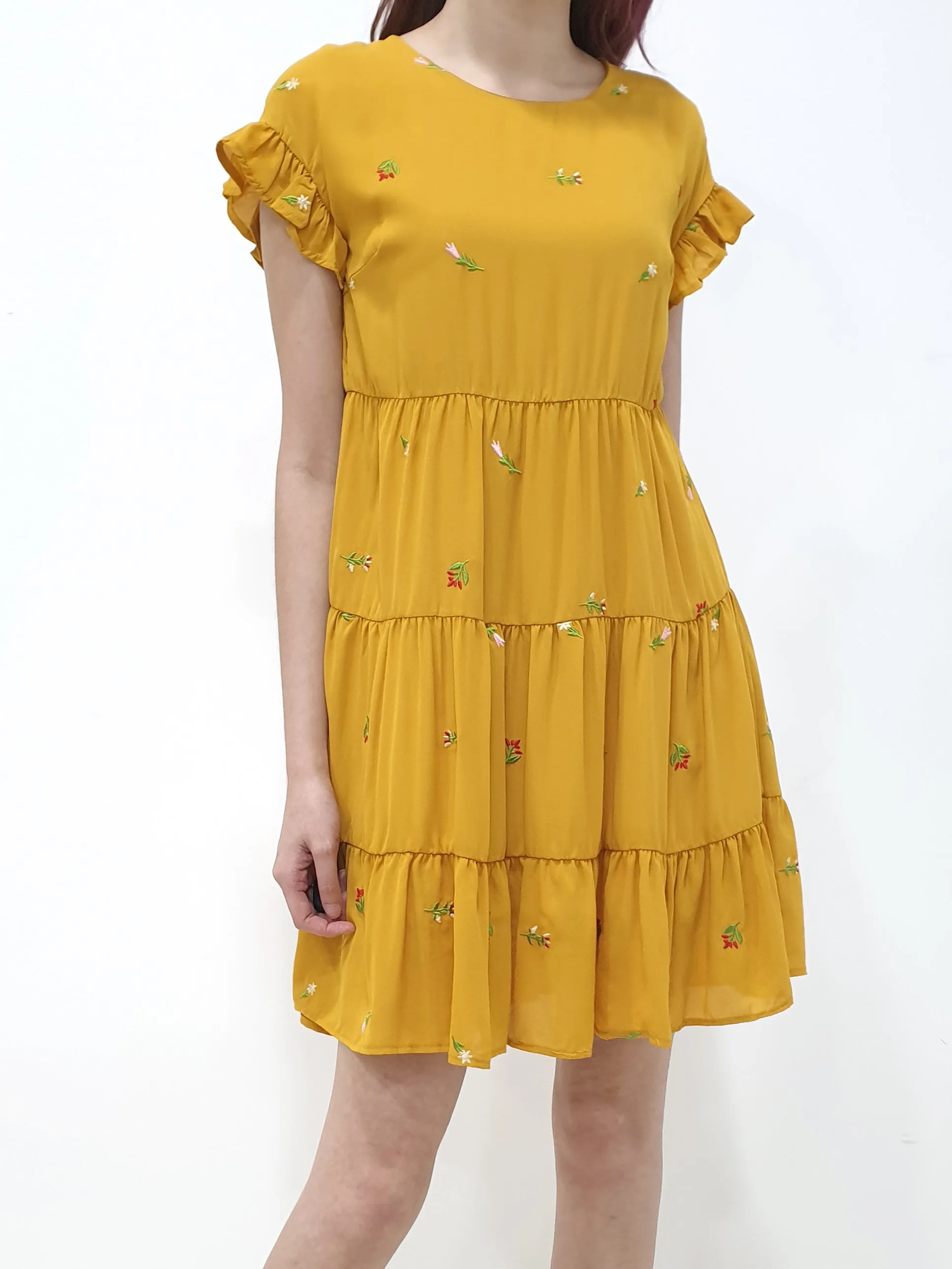 Embroidered Frills Babydoll Dress - Mustard (Non-returnable)