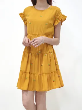 Embroidered Frills Babydoll Dress - Mustard (Non-returnable)