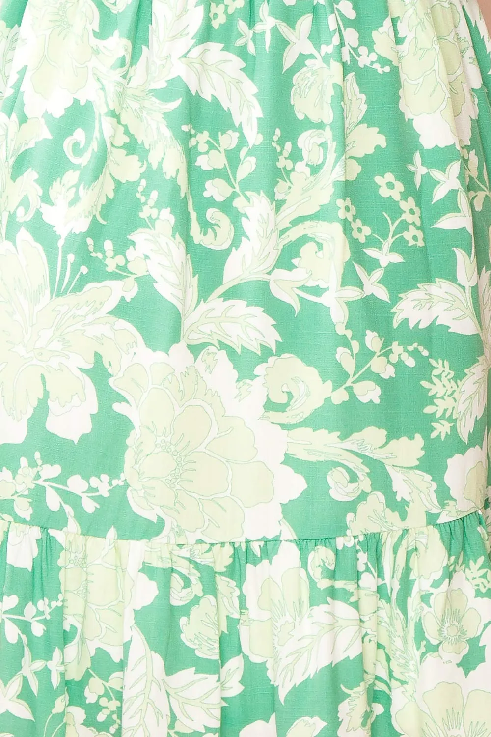 Esadora | Short Green Floral Dress w/ Bows