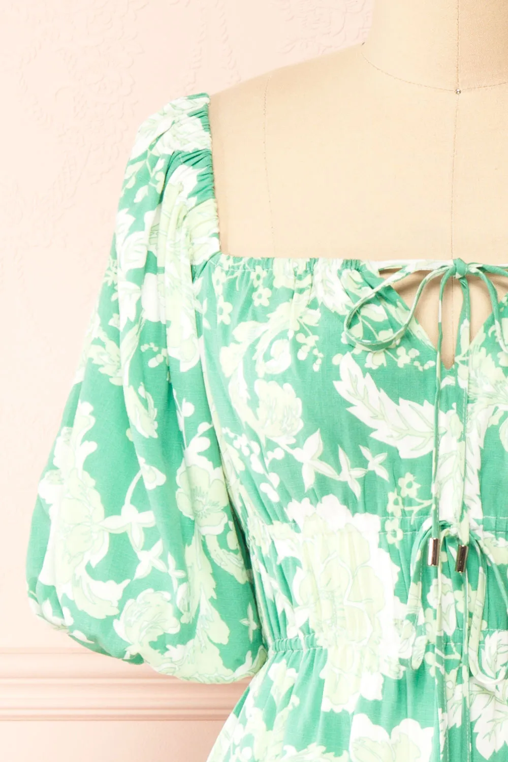 Esadora | Short Green Floral Dress w/ Bows